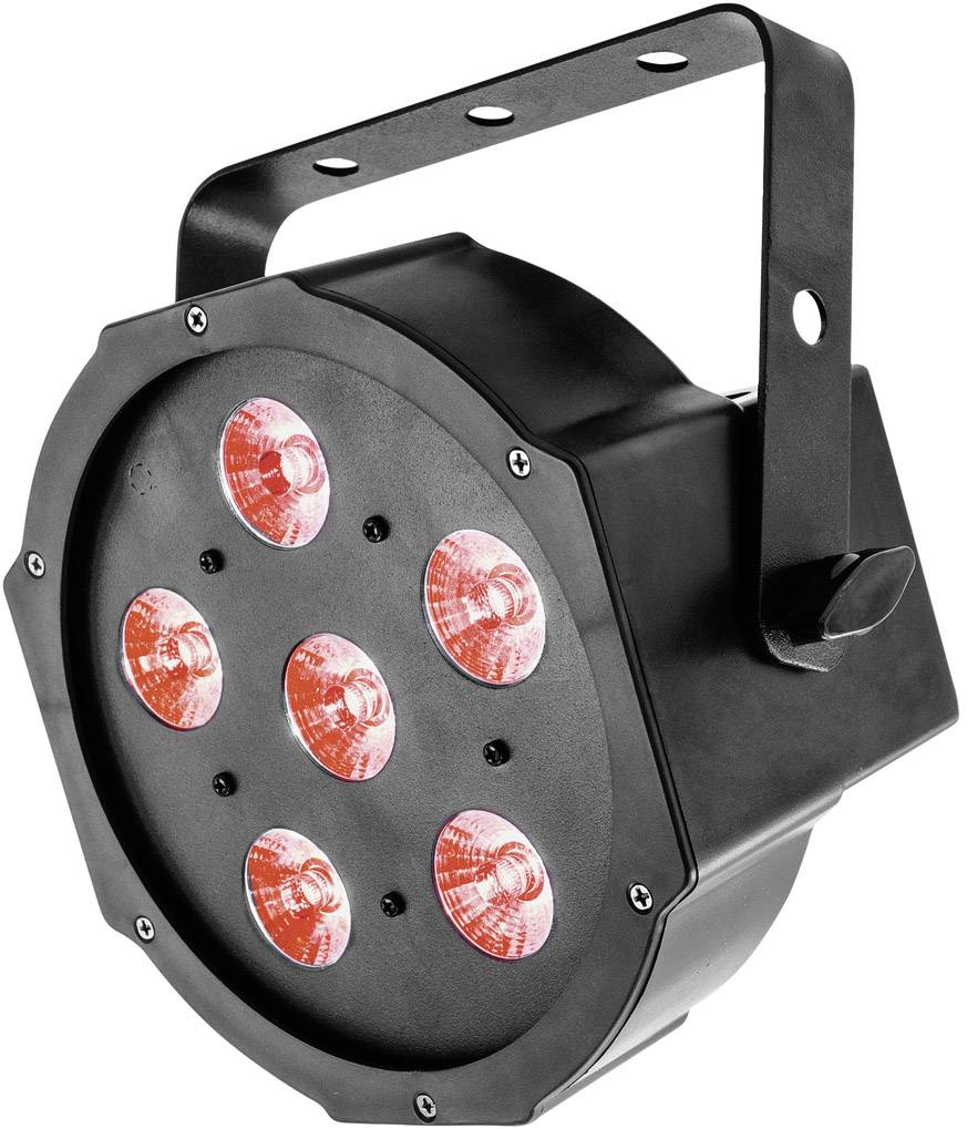 Schwarzer LED-Strahler mit sechs roten Leuchten, geeignet für Bühnenbeleuchtung oder Partys, mit einem verstellbaren Halterungsbügel.