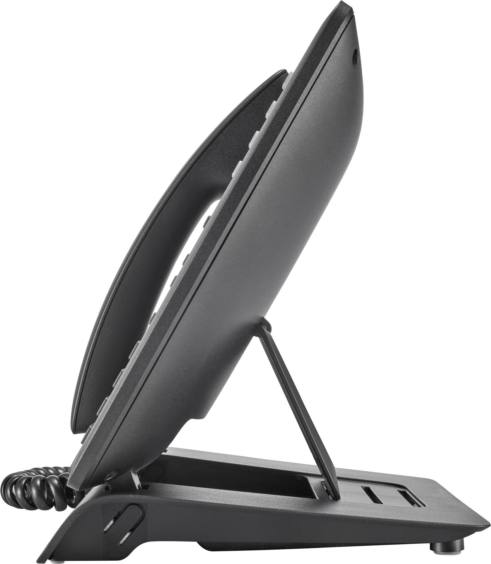 Ein schwarzes Festnetztelefon in Seitenansicht. Das Gerät steht auf einem Tisch mit hochgeklapptem Hörer.