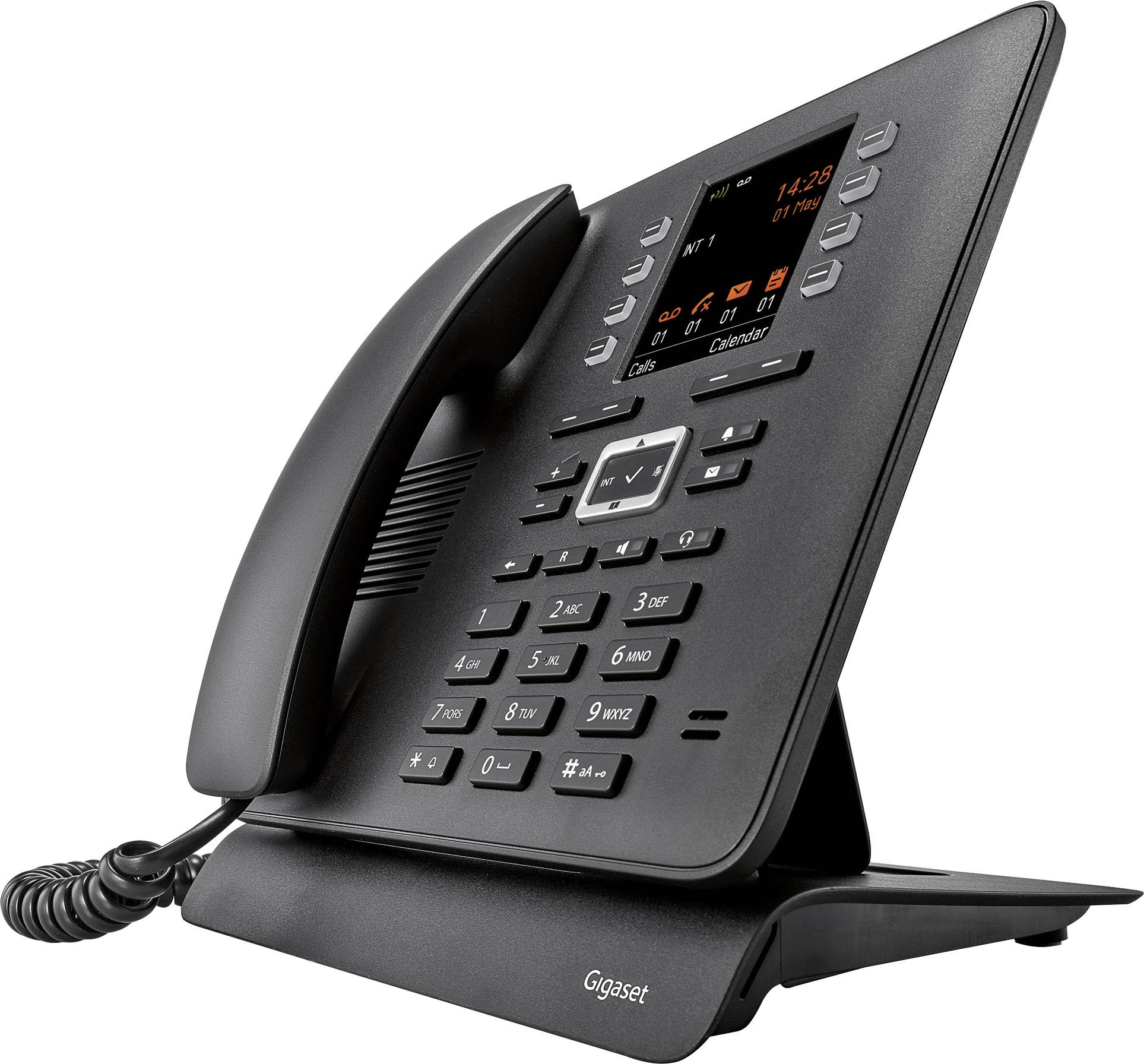 Ein schwarzes Tischtelefon mit beleuchtetem Display, Tastenfeld für Nummern und Funktionen, zeigt Datum und Uhrzeit.