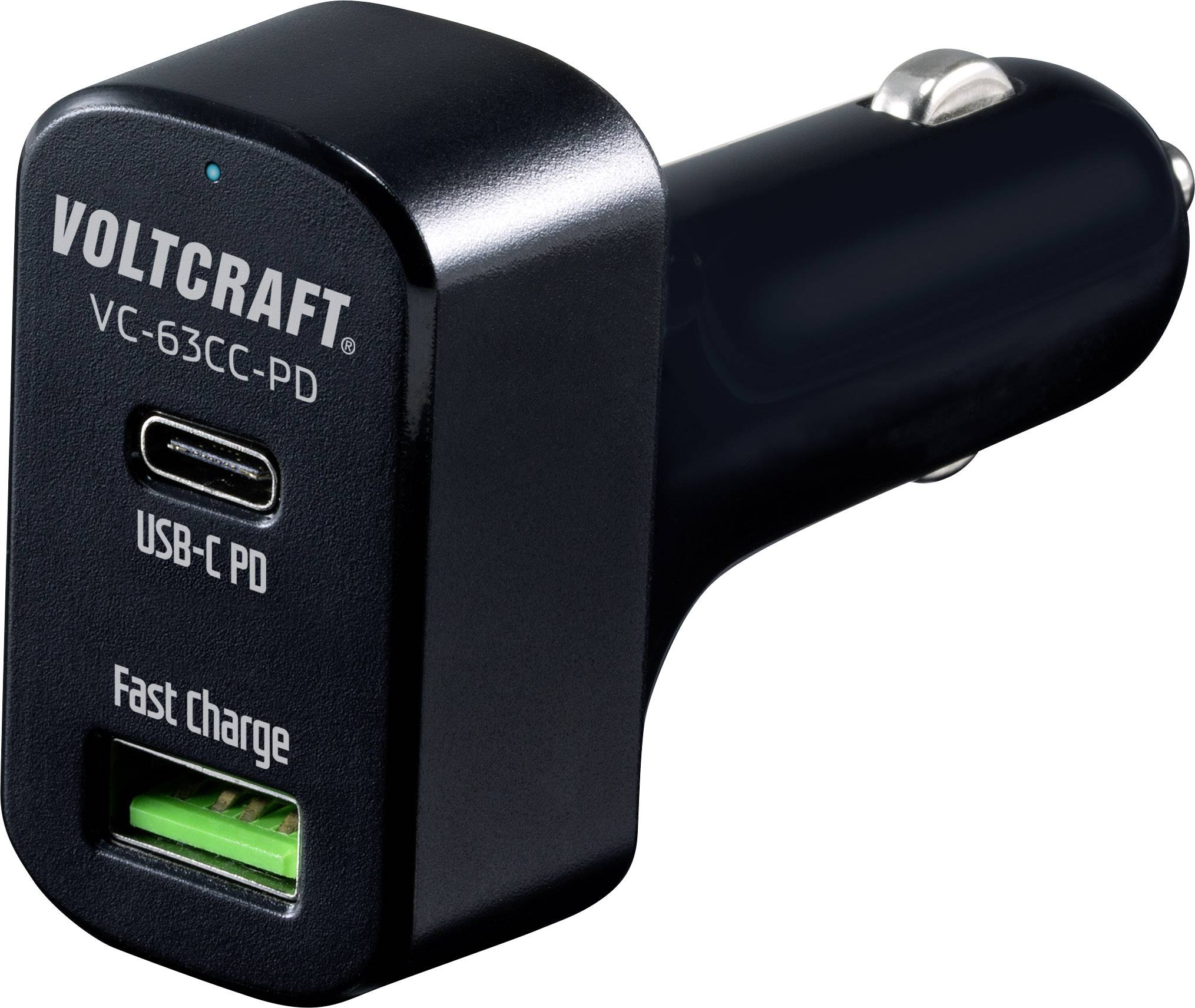Schwarzes Auto-Ladegerät mit zwei Anschlüssen: USB-C PD und USB-A. Aufschrift 'Voltcraft VC-63CC-PD Fast Charge'.