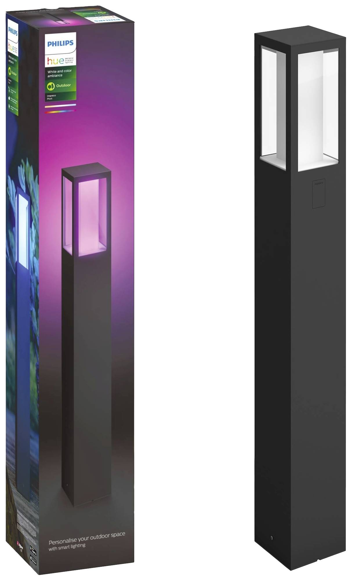 Eine schwarze Philips Hue Außenleuchte neben ihrer Verpackung. Die Verpackung zeigt Farbwechsel-Optionen und das Philips Hue-Logo.
