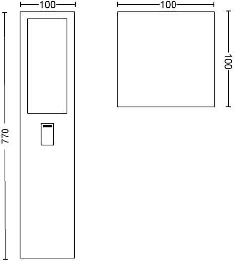 Strichzeichnung eines rechteckigen Standrohrs, 770 mm hoch und 100 mm breit. Seitenansicht und Draufsicht dargestellt mit Maßen.