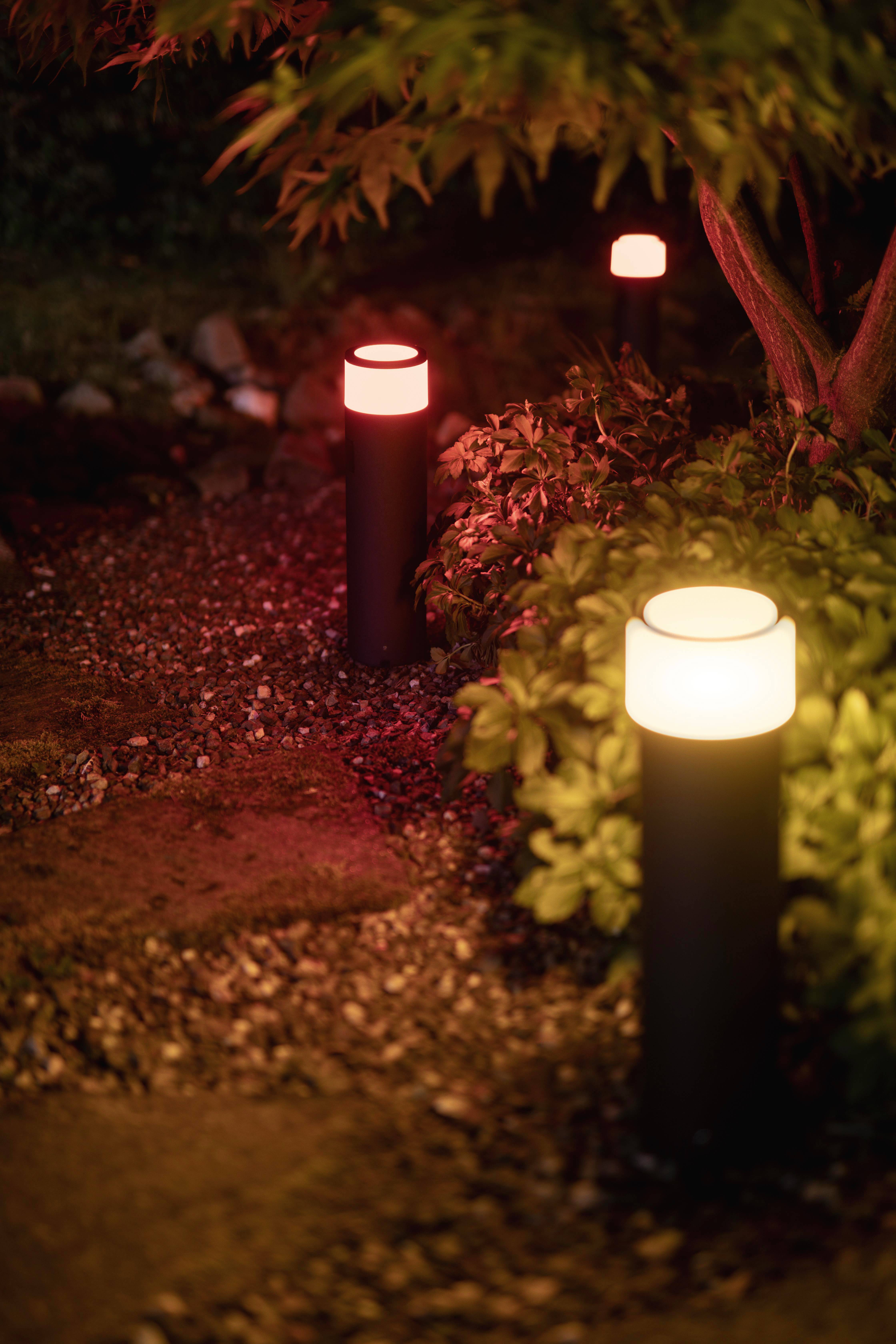 Drei Gartenleuchten mit warmem Licht beleuchten einen mit Pflanzen gesäumten Kiesweg in der Dämmerung.