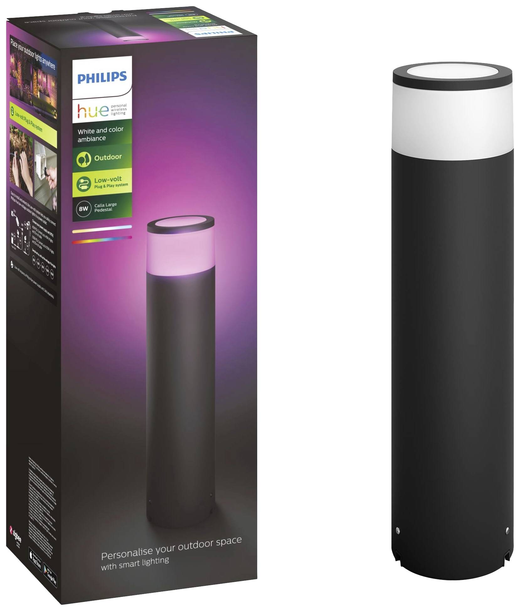 Eine Philips Hue Außenleuchte mit schwarzem Gehäuse, in einem Karton mit farbiger Beleuchtungsanzeige. Text auf der Verpackung: 