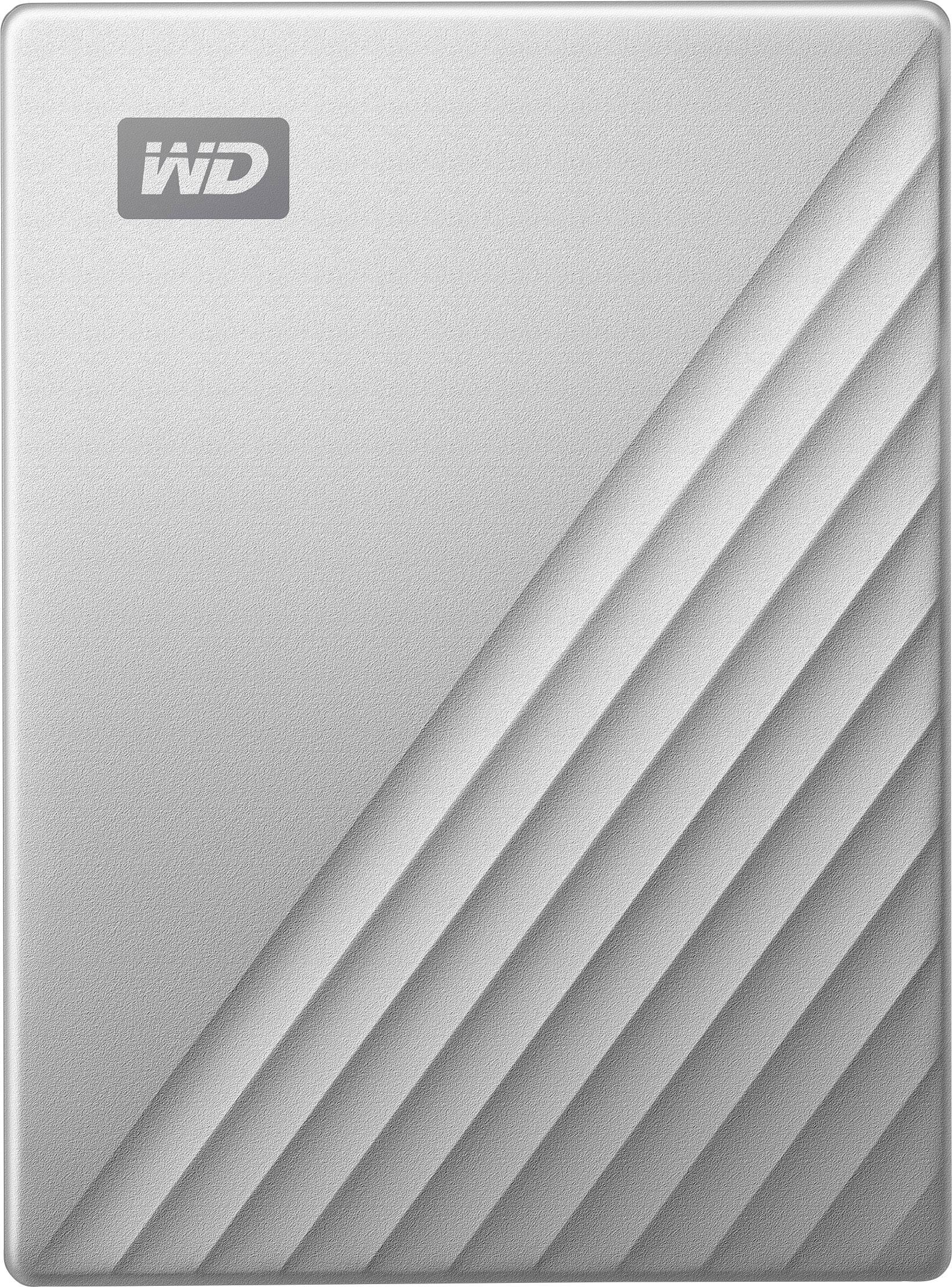 Externe Festplatte mit grauem, texturiertem Gehäuse und diagonalen Linien rechts. Markenlogo 'WD' oben links.