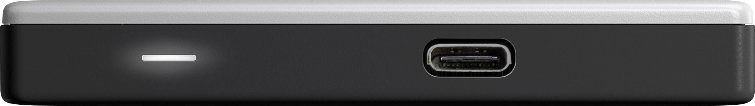 Externe Festplatte mit USB-C-Anschluss und LED-Anzeigeleuchte auf schwarzem Gehäuse, Seitenansicht.