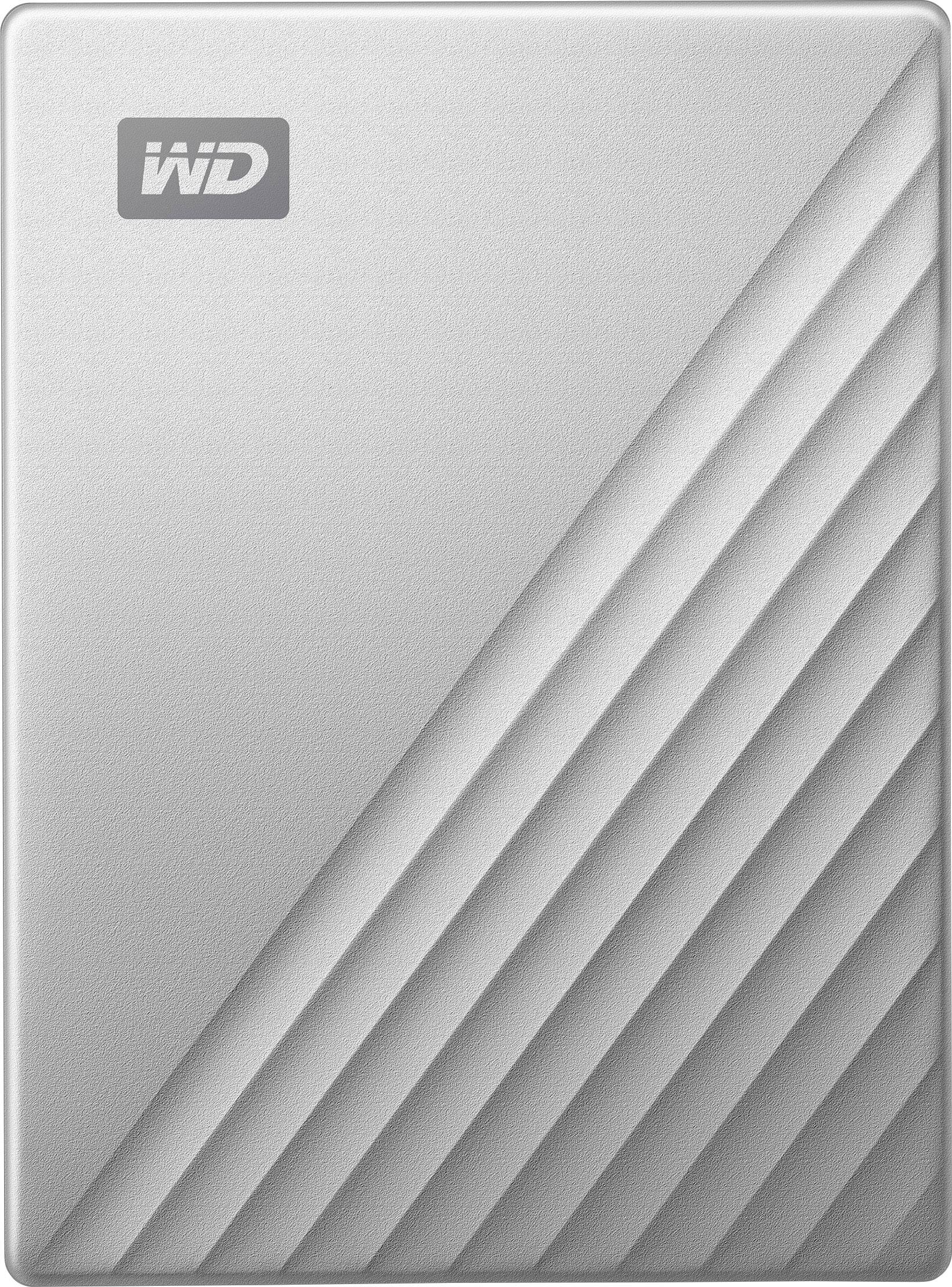 Eine silberne externe Festplatte mit diagonalen Streifen und dem WD-Logo oben links.