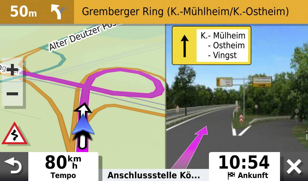 Navigationsgerät zeigt Autobahnausfahrt in 50m an mit Ziel 'Gremberger Ring'. Geschwindigkeit 80 km/h. Ankunft um 10:54 Uhr.