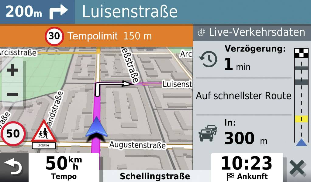 Navigationsbildschirm: Ziel Luisenstraße in 200m, Tempolimit 30. Verzögerung 1 Minute. Ankunft um 10:23, verbleibende Strecke 300m. Geschwindigkeit 50 km/h.