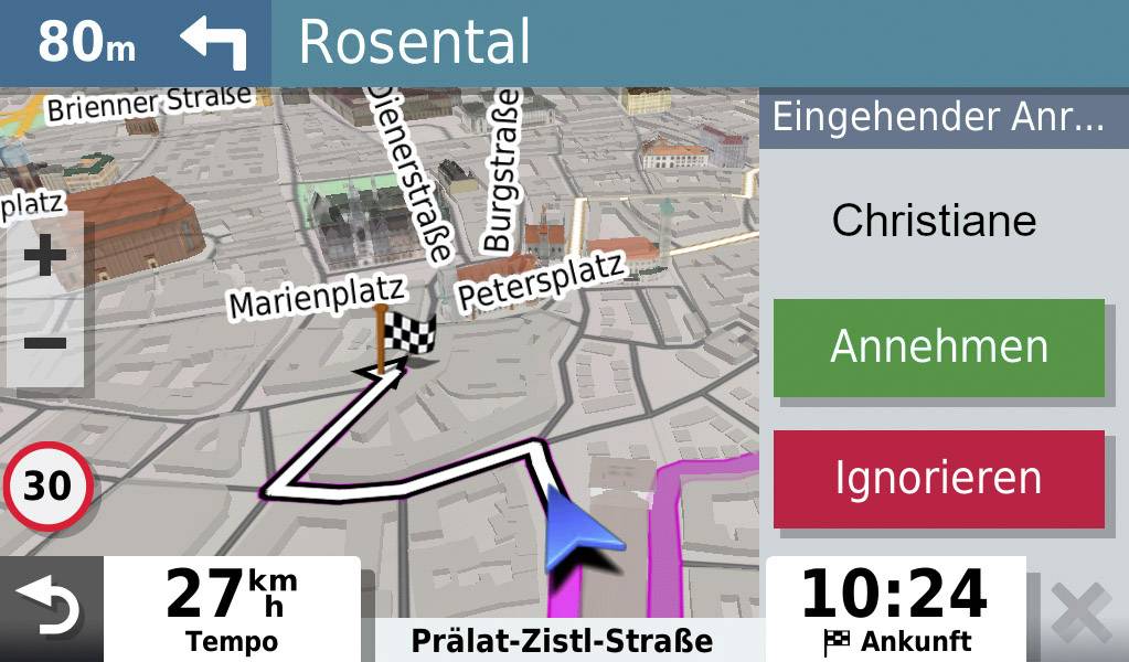 Navigationsgerät zeigt Route auf Karte nach Rosental, Tempo 27 km/h, Ankunft 10:24 Uhr. Eingehender Anruf von Christiane, Optionen: Annehmen, Ignorieren.