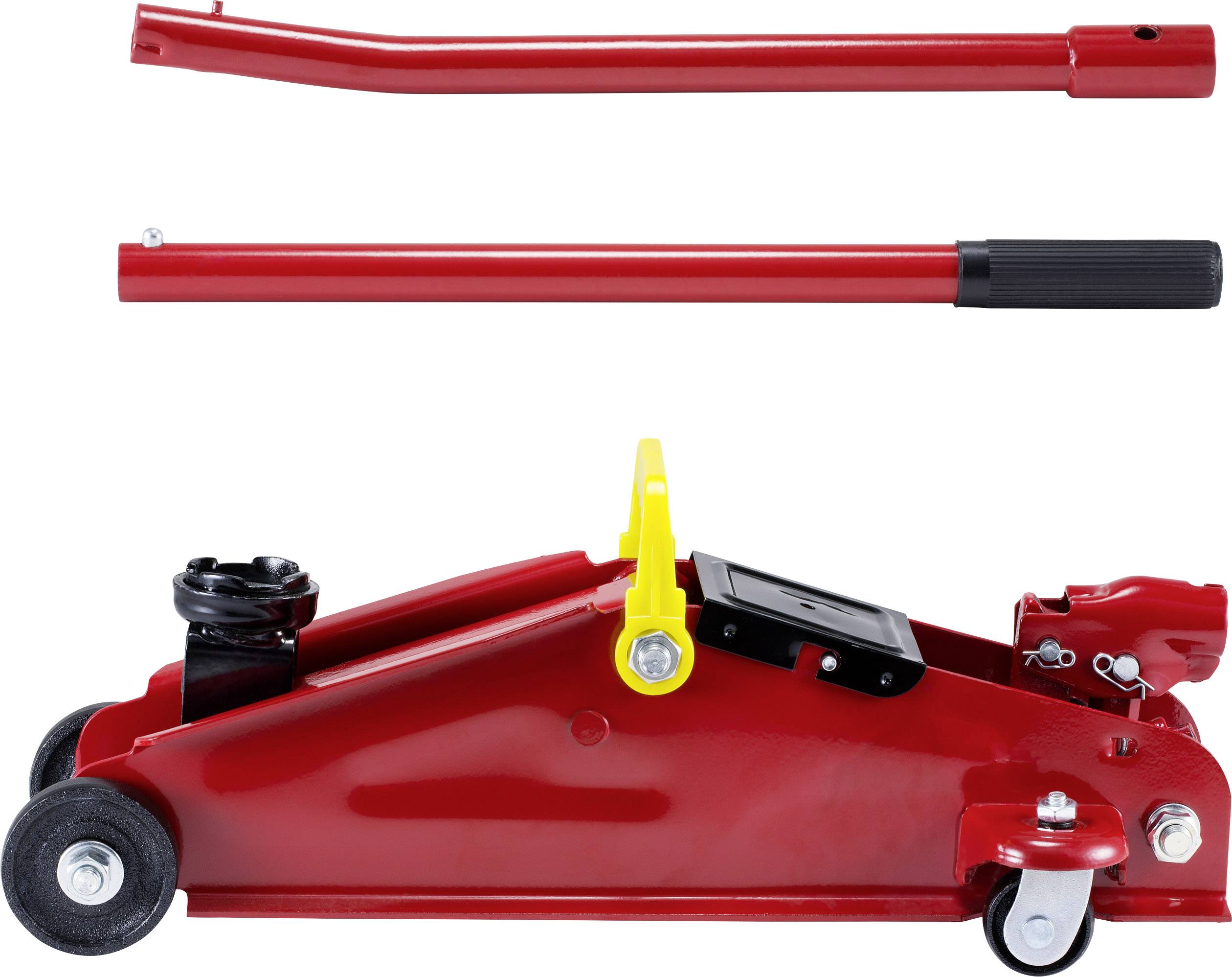 Roter Wagenheber mit abnehmbarer Hebestange, zwei Rollen und einem gelben Sicherheitshebel.