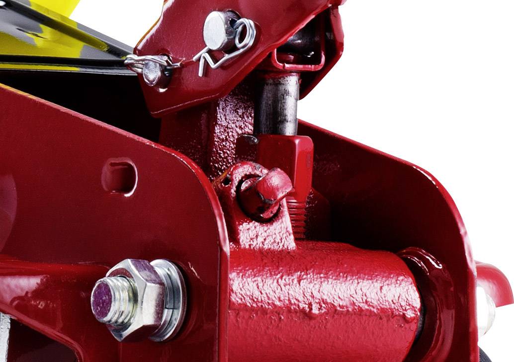 Nahaufnahme eines roten Metallmechanismus mit Schraube und Bolzen, zeigt technische Details und Verschraubungselemente.