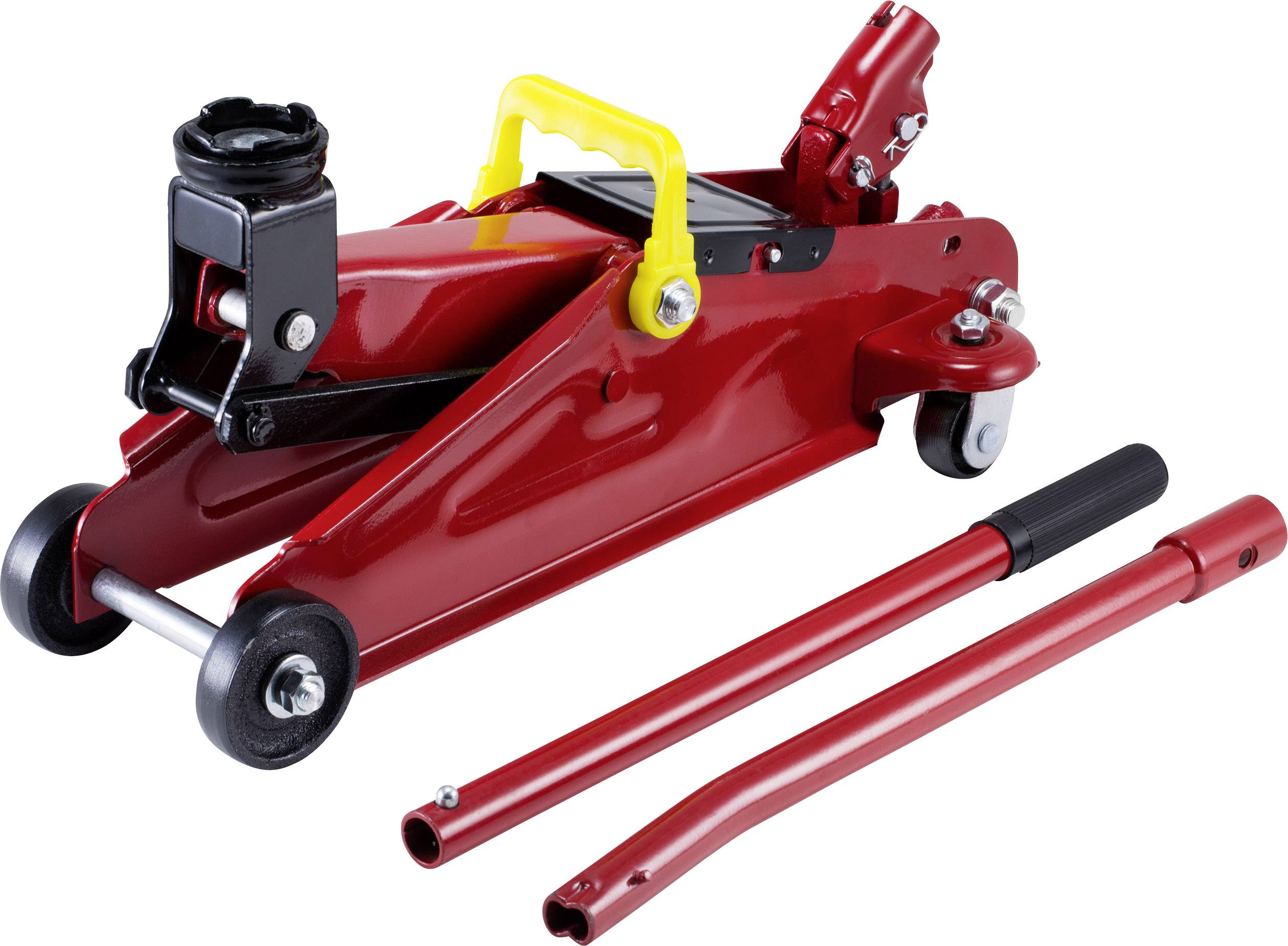 Roter hydraulischer Wagenheber mit gelbem Griff und abnehmbarer Stange, für das Anheben von Fahrzeugen, auf weißem Hintergrund.