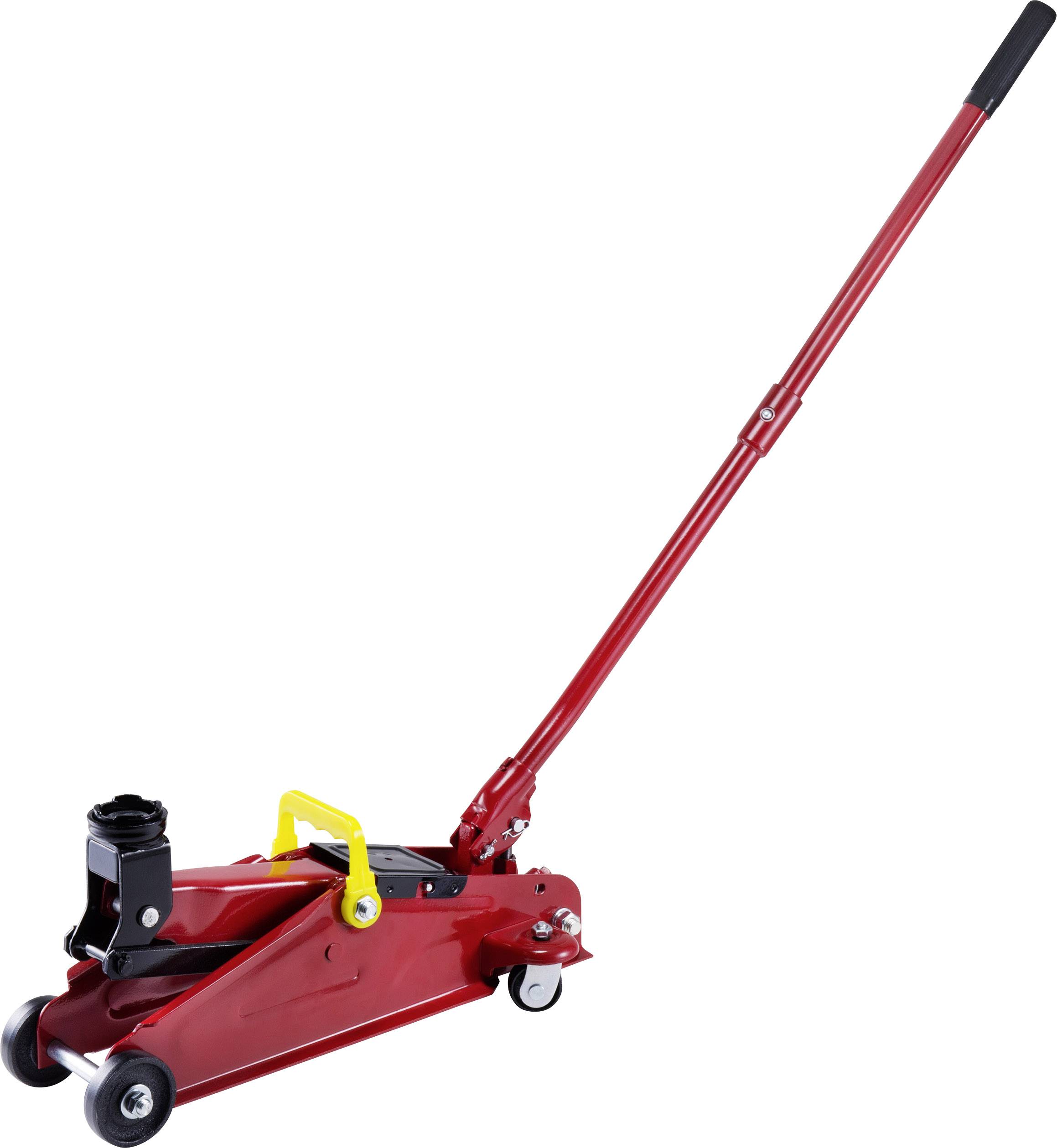 Roter Wagenheber mit langem Hebel und schwarzen Rollen auf weißem Hintergrund.