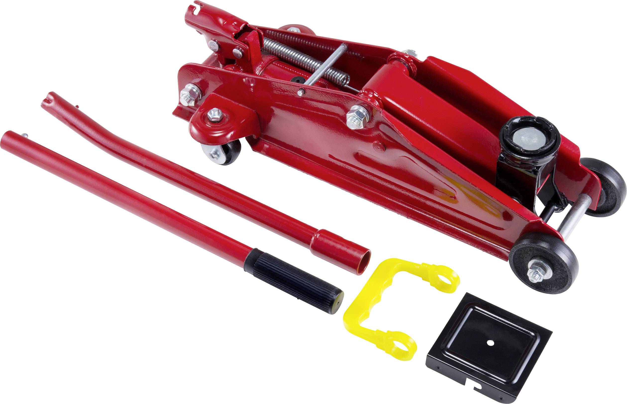Roter hydraulischer Wagenheber mit Hebelstange und Zubehör, genutzt zum Anheben von Fahrzeugen für Reparaturen oder Inspektionen.