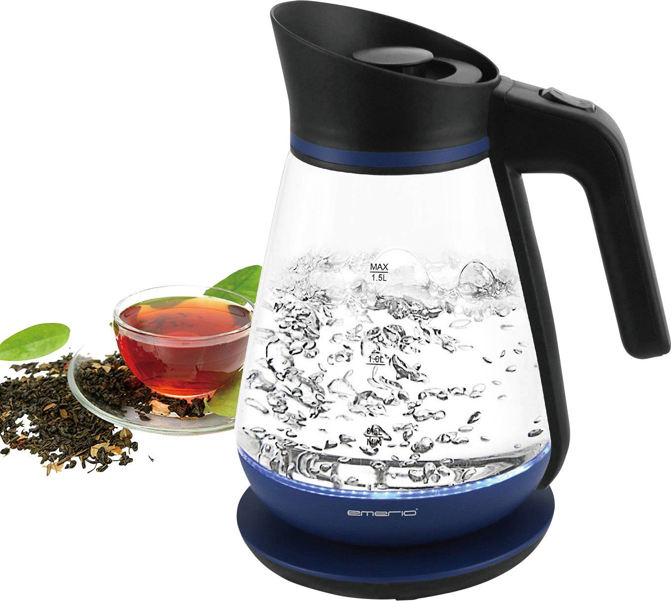 EMERIO WK-111898.5 Wasserkocher schnurlos Glas, Schwarz, Blau
