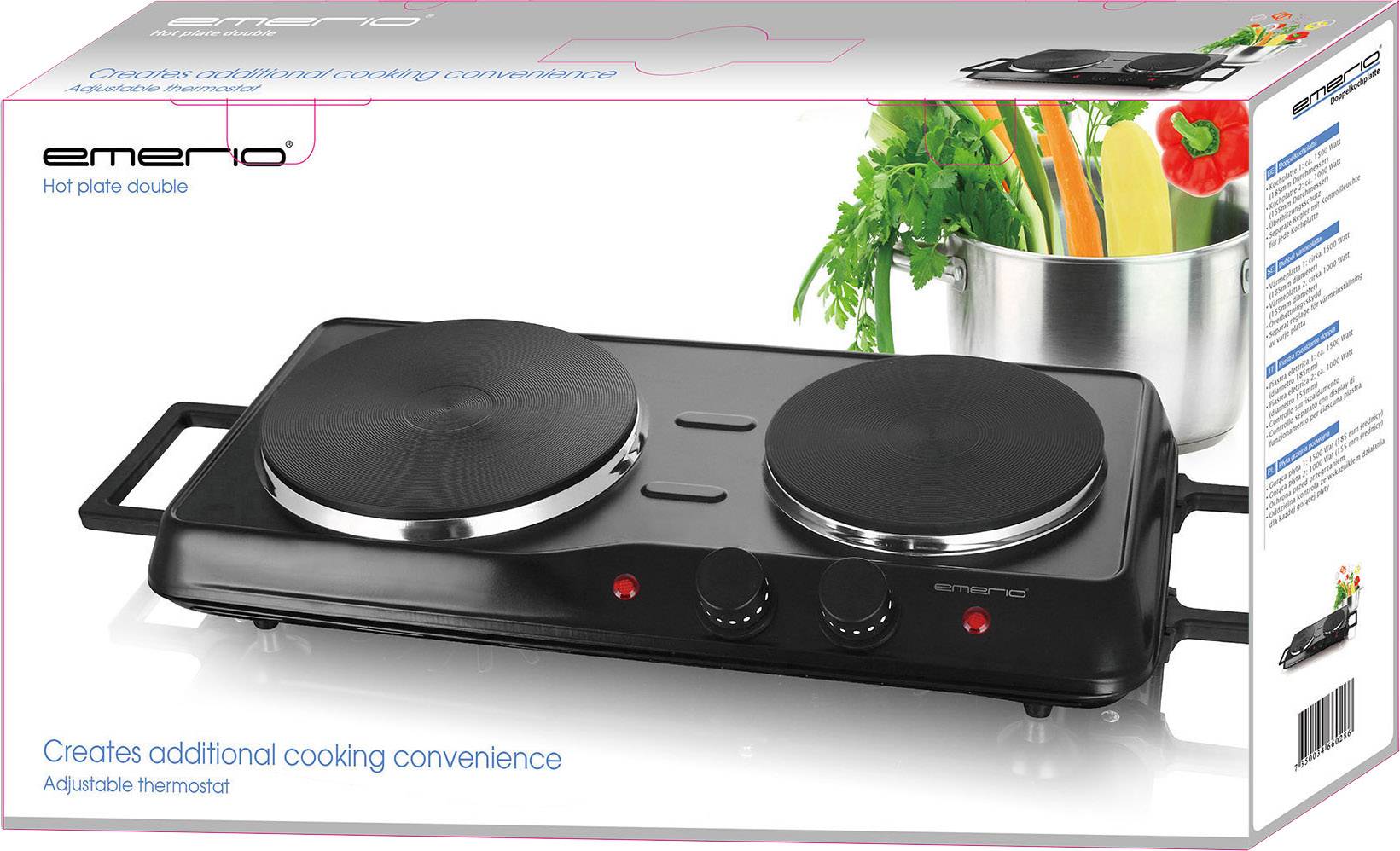 Doppelte elektrische Kochplatte mit zwei Heizplatten, einstellbarem Thermostat und Kontrollleuchten, umgeben von Gemüse in einem Topf.