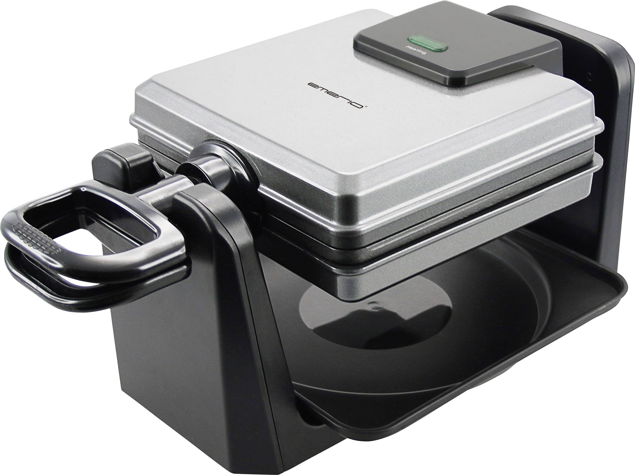 Waffeleisen in silber-schwarz mit Drehmechanismus. Oben befindet sich ein grünes Licht zur Anzeige der Betriebsbereitschaft.