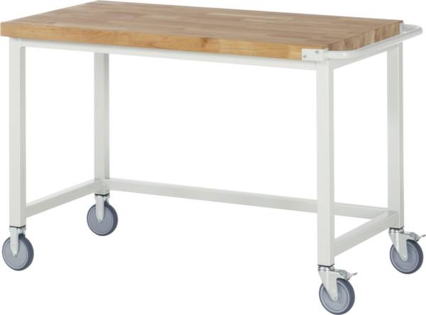 Ein weißer Rolltisch mit Holzplatte, auf vier Rollen stehend. Der Tisch hat ein schlichtes Design und eignet sich für mobile Anwendungen.