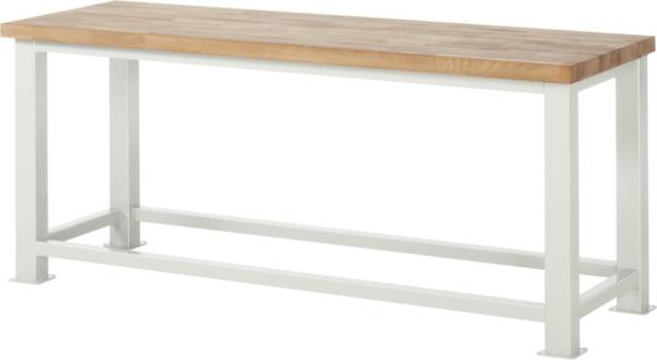 Holzbank mit weißem Metallgestell, rechteckige Form, schlichtes Design. Ideal für Innen- oder Außenbereiche.