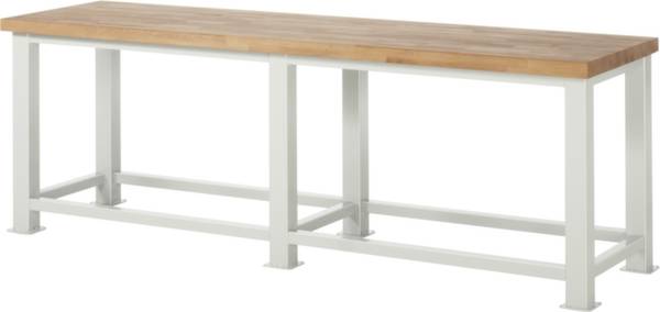 Holztisch mit Metallrahmen. Rechteckige Form, lange Tischplatte in Holzoptik, weißer Unterbau.