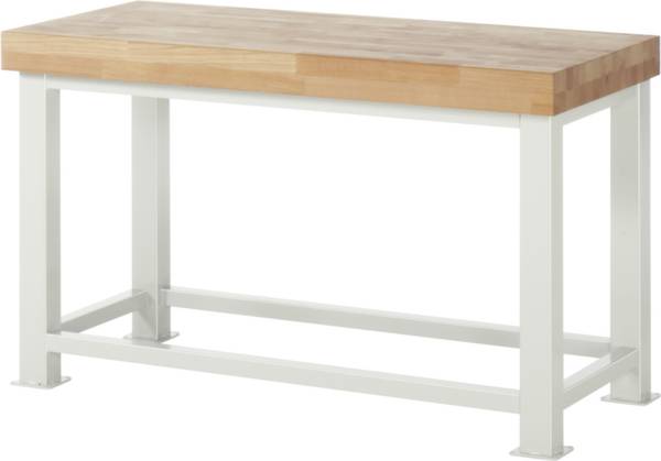 Rechteckiger Holztisch mit hellem Holzdeckel und weißem Metallgestell. Der Tisch hat eine schlichte, moderne Ästhetik.