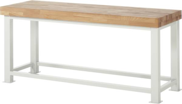 Ein Holztisch mit einer dicken Arbeitsplatte und weißem Metallgestell, geeignet für Werkstatt oder Küche.