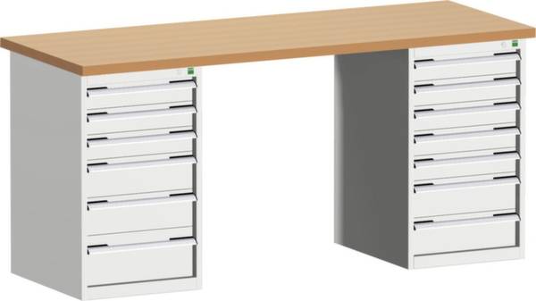 Stabiler Schreibtisch mit Holzplatte und zwei weißen, seitlichen Schubladenblöcken; geeignet für Arbeitsumgebungen.