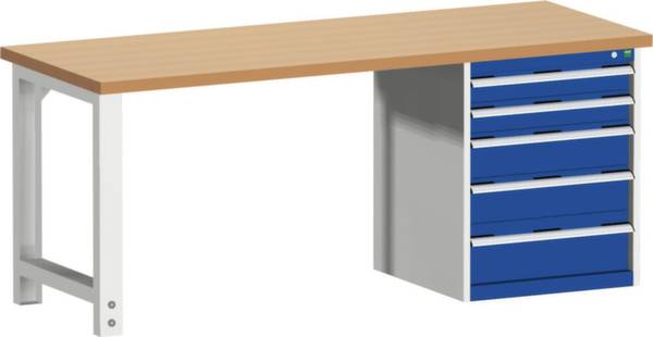 Ein Arbeitstisch mit Holzplatte und fünf blauen, schubladenartigen Fächern an der rechten Seite.