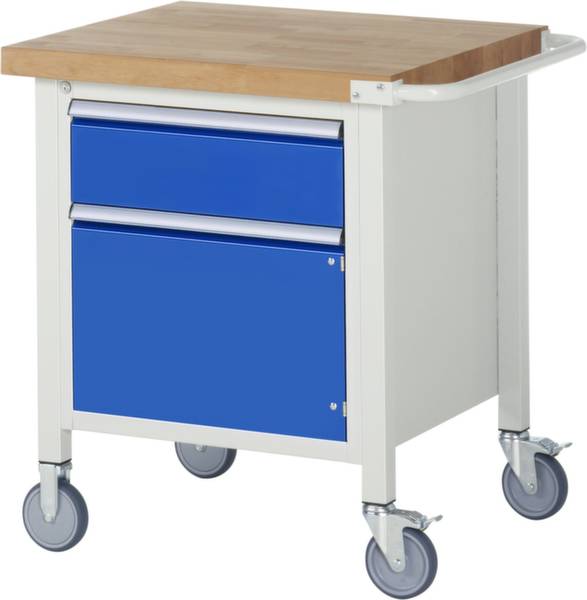 Mobiler Werkstattwagen mit blauer Schublade und Schrank, Metallgehäuse, Holzarbeitsplatte und vier Rollen.