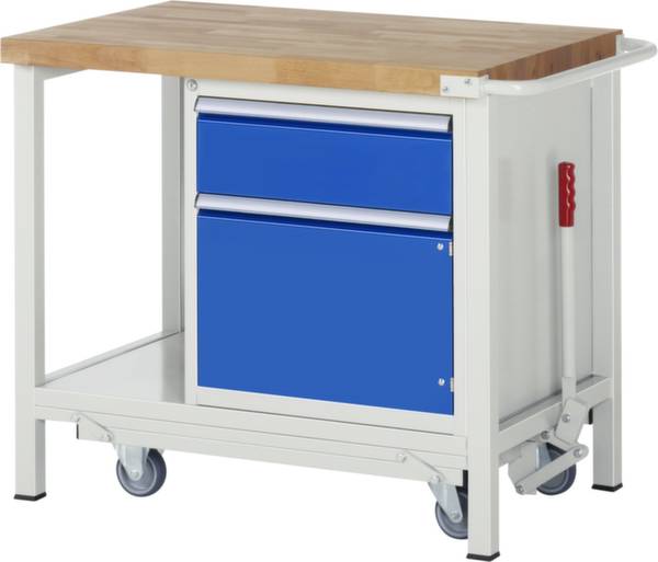 Werkbank auf Rollen mit Holzarbeitsplatte, zwei blauen Schubladen und einem roten Griff an der Seite. Ideal für Werkstattarbeiten.