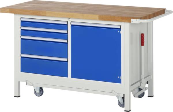 Ein blauer Werkbanktisch mit vier Schubladen und einem Schrank auf Rollen. Oben aus Holz, geeignet für Werkstattarbeiten.