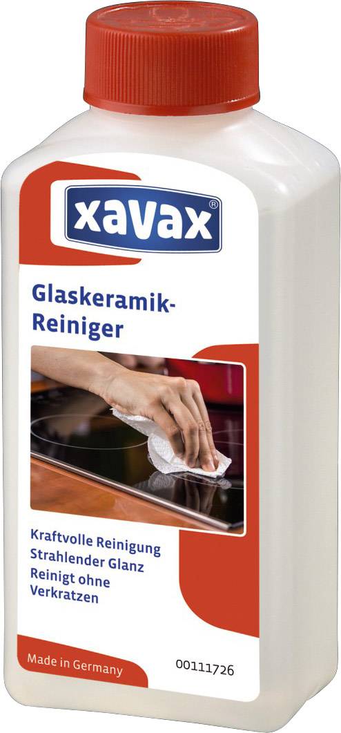 Flasche mit Glaskeramik-Reiniger von Xavax. Auf dem Etikett: 'Kraftvolle Reinigung, strahlender Glanz, reinigt ohne verkratzen'.
