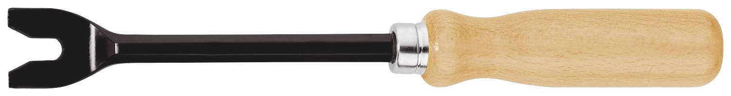 Ein Spezialwerkzeug mit schwarzer Metallkralle und Holzgriff, häufig verwendet, um Klammern oder Nägel effizient zu entfernen.