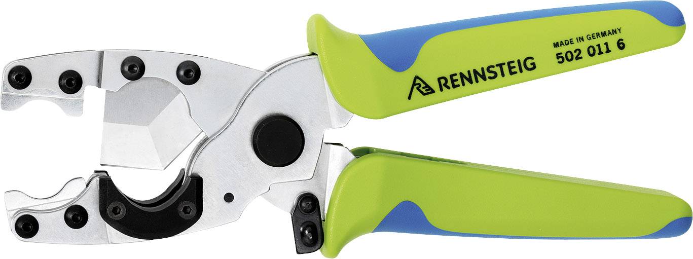 Crimpwerkzeug mit grünen und blauen Griffen, Markenname 'Rennsteig' und Modellnummer auf dem Griff. Verwendet für Kabelverbindungen.