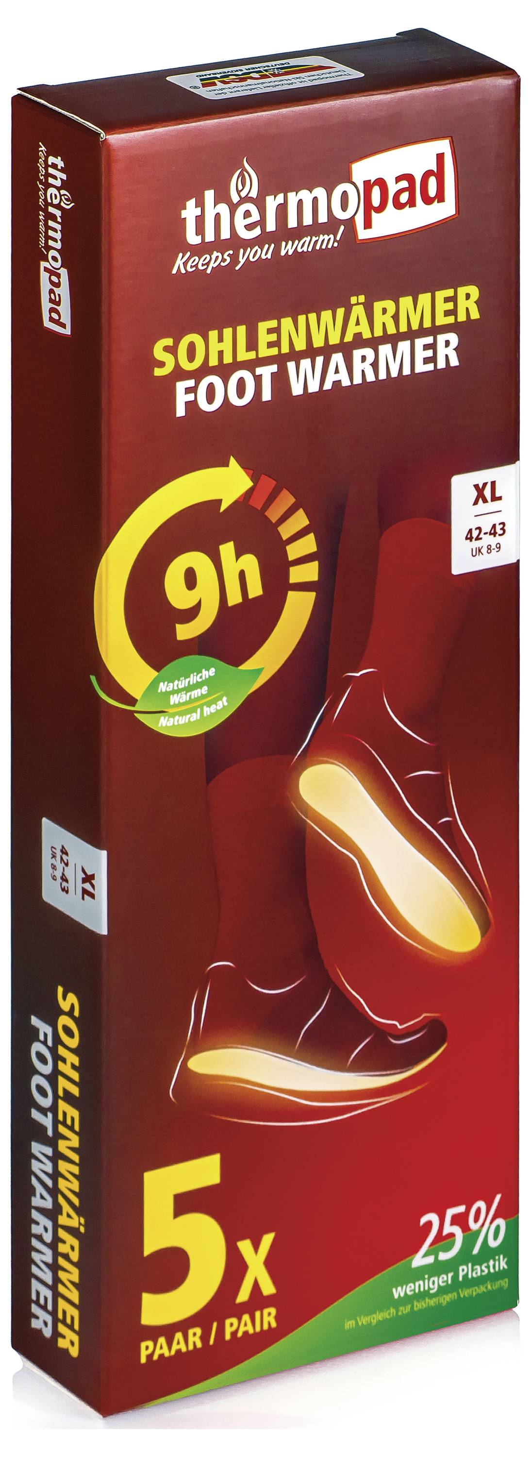 Schachtel mit Thermopad-Sohlenw­ärmern „Sohlenwärmer Fußwärmer" mit „9h" Wärmeleistung, Größe XL 42-43, 5 Paar pro Packung, und „25% weniger Plastik" auf der Verpackung.