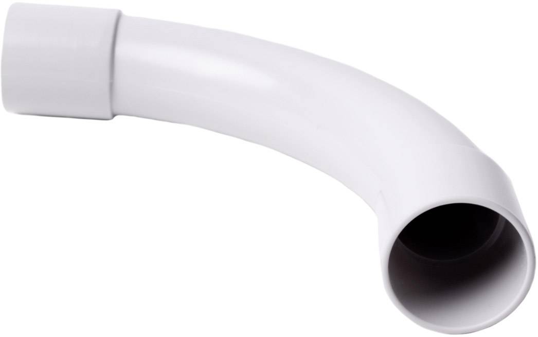 Ein weißes PVC-Rohr mit einem 90-Grad-Bogen, das häufig in Sanitärinstallationen verwendet wird.