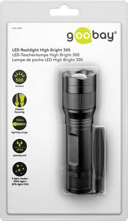 'LED Taschenlampe High Bright 300' von goobay, schwarzes Gehäuse, 300 Lumen, Leuchtweite 150m, IPX4 spritzwassergeschützt.