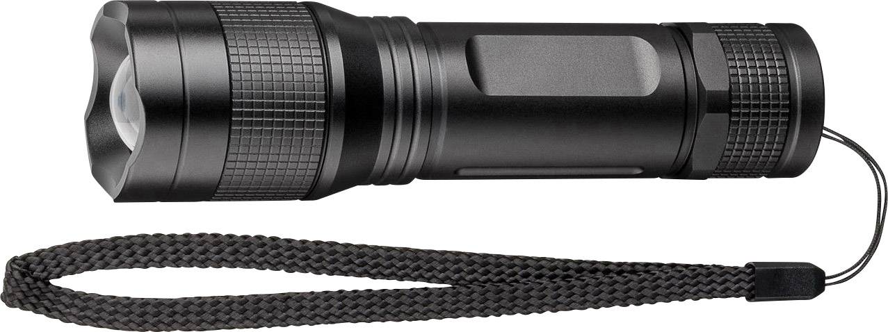 Schwarze LED-Taschenlampe mit strukturiertem Griff und Handschlaufe, liegt seitlich auf weißem Hintergrund.