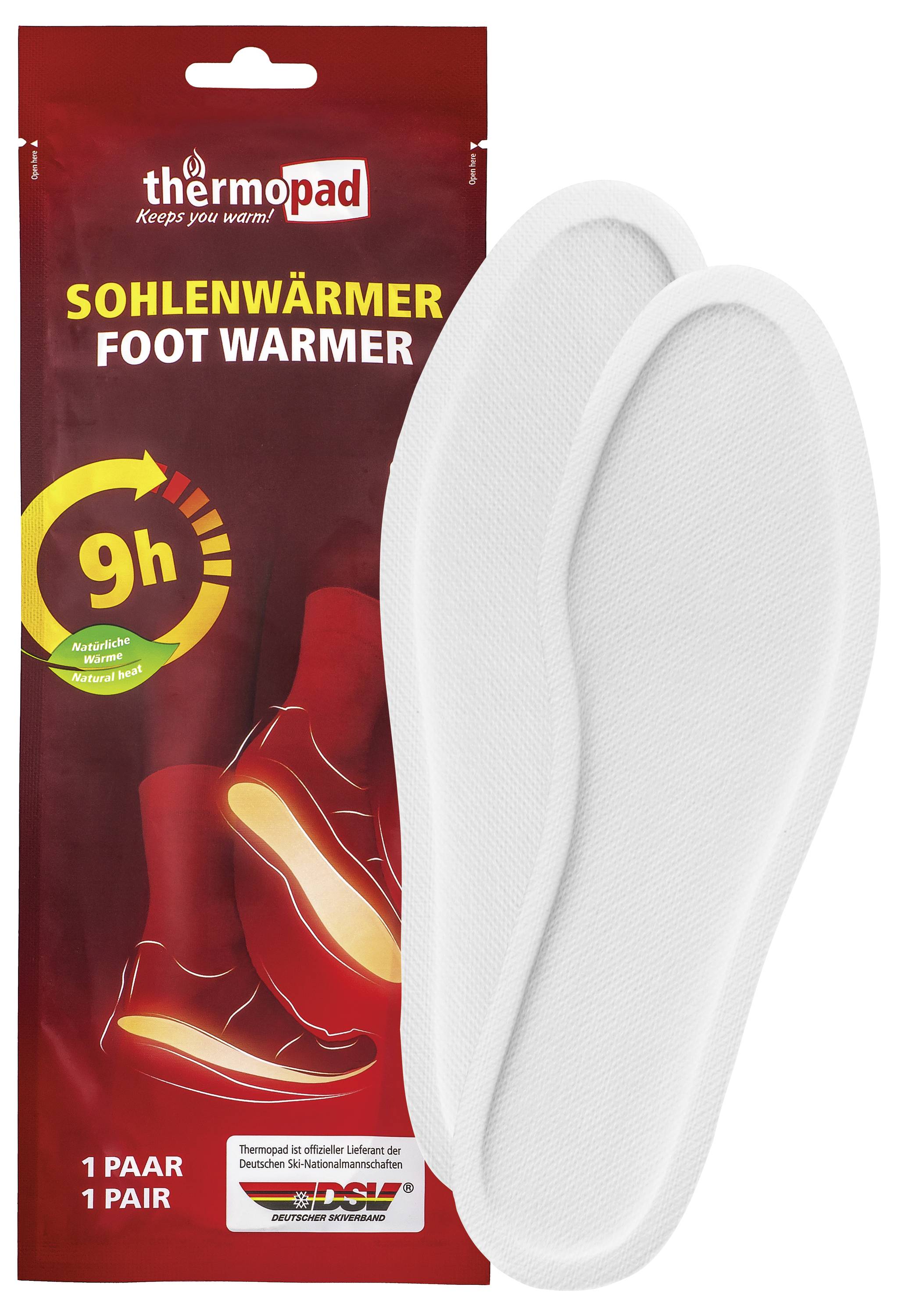 Thermopad Fußwärmer-Packung mit der Aufschrift „SOHLENWÄRMER FOOT WARMER