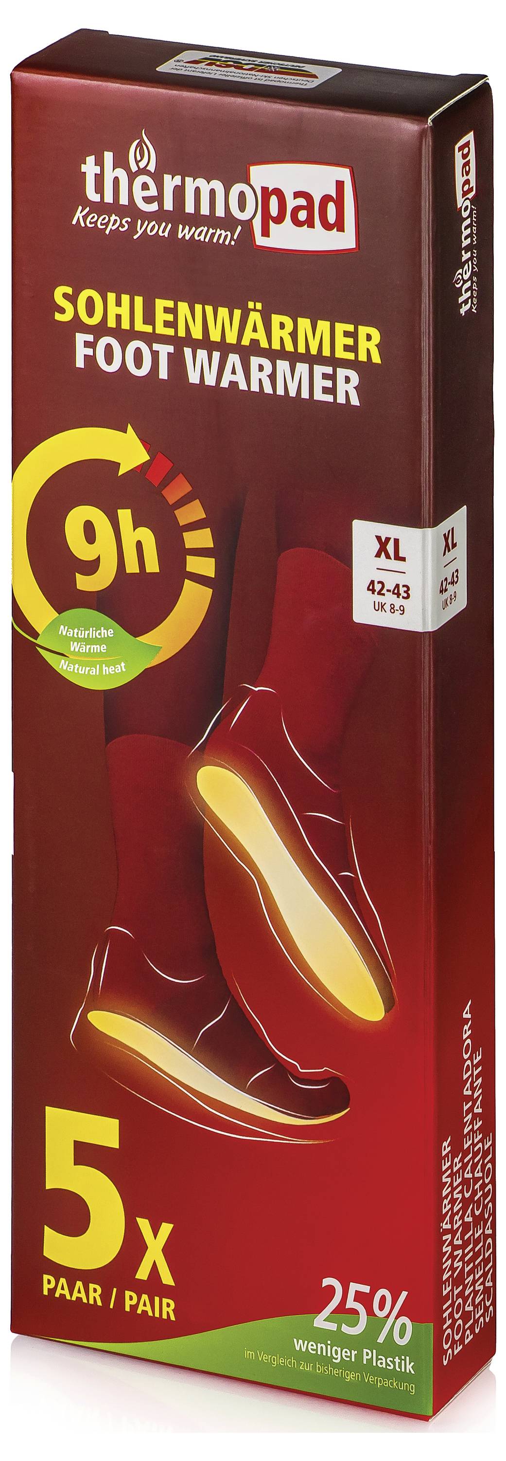 Packung Thermopad Sohlenwärmer Fußwärmer mit 9-Stunden-Wärmeleistung, Größe XL, 5 Paar und 25% weniger Kunststoff