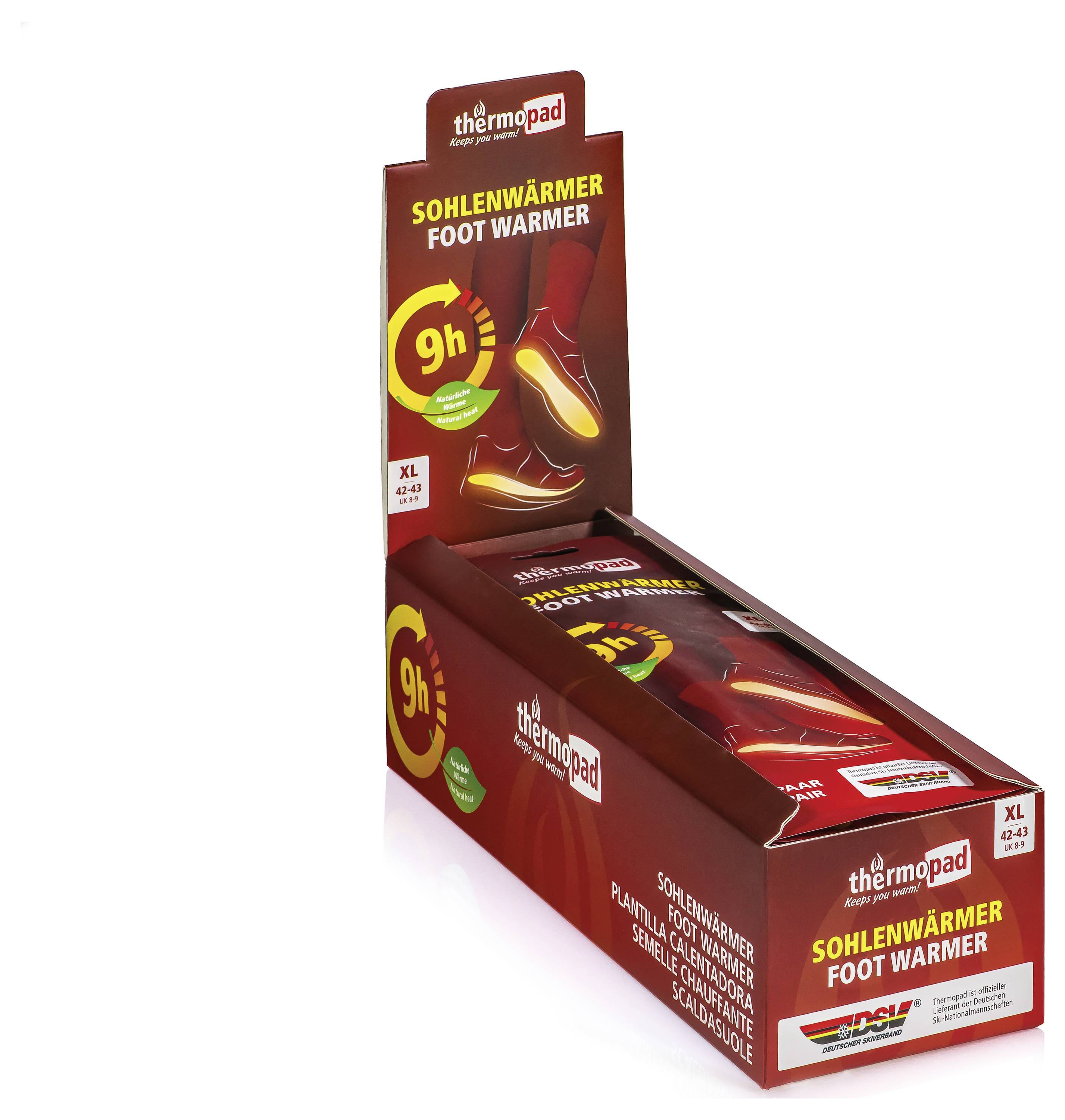Thermopad Fußwärmer Einzelhandelsdisplaybox mit der Aufschrift „SOHLENWÄRMER FOOT WARMER