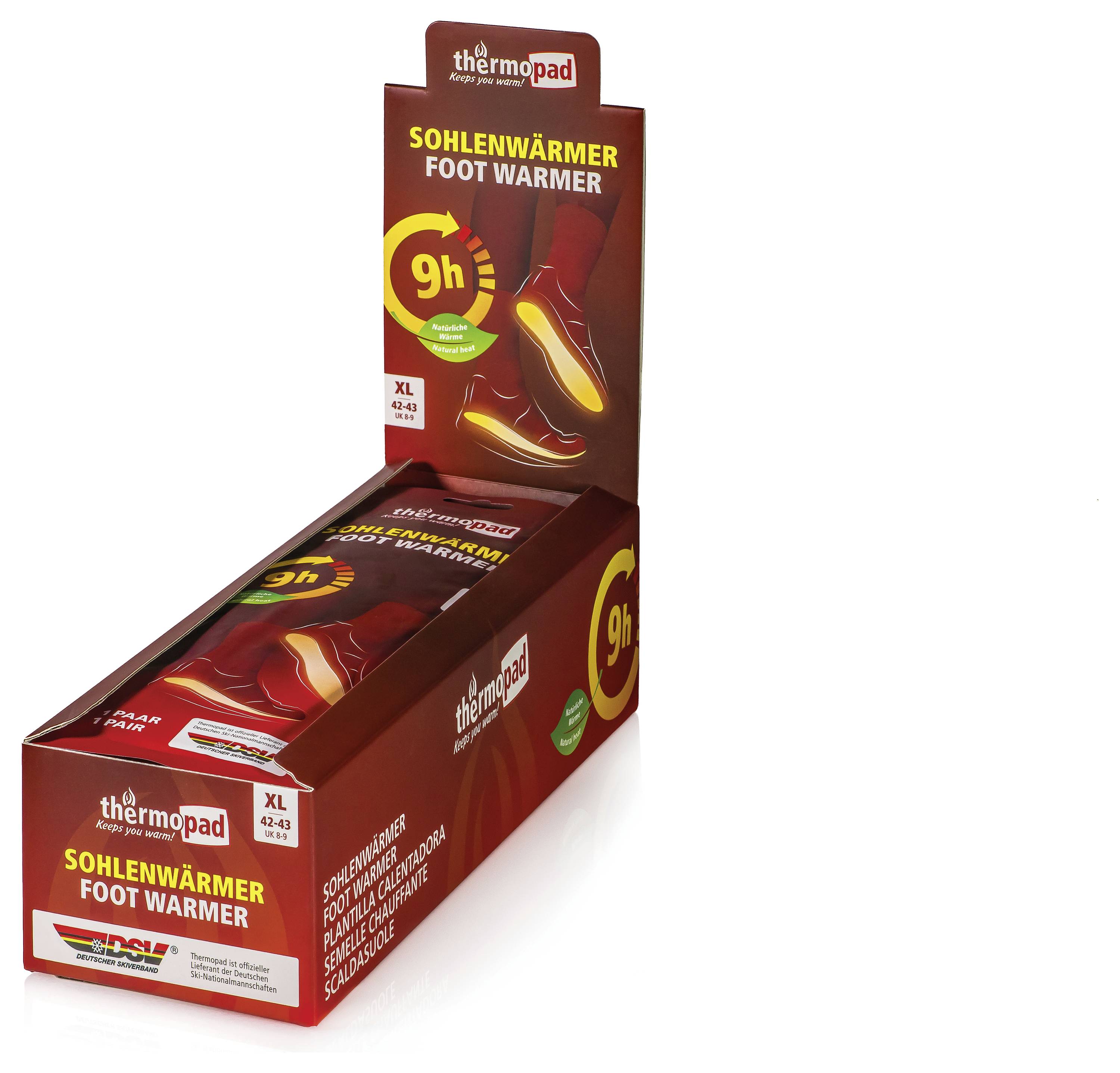 Thermopad Sohlenwärmer / Fußwärmer mit 9 Stunden Wärmedauer, Größe XL 42-43, zeigt ein beheiztes Schuheinlagen-Produkt.