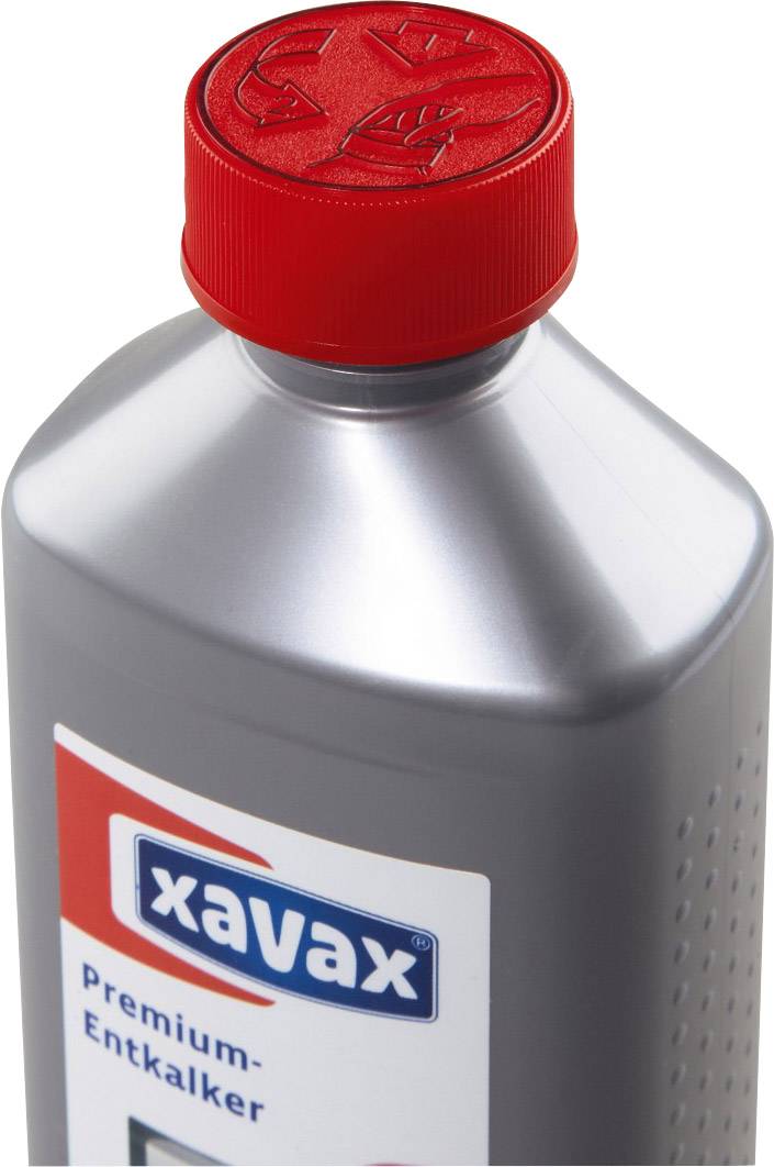 Eine graue Flasche Xavax Premium-Entkalker mit rotem Schraubverschluss.