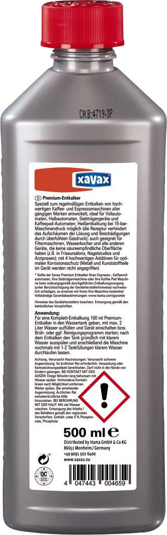 'XaVax Premium Entkalker' Flasche mit rotem Deckel, enthält 500 ml Flüssigkeit. Auf der Rückseite sind Sicherheitsinformationen und ein Warnsymbol abgebildet.