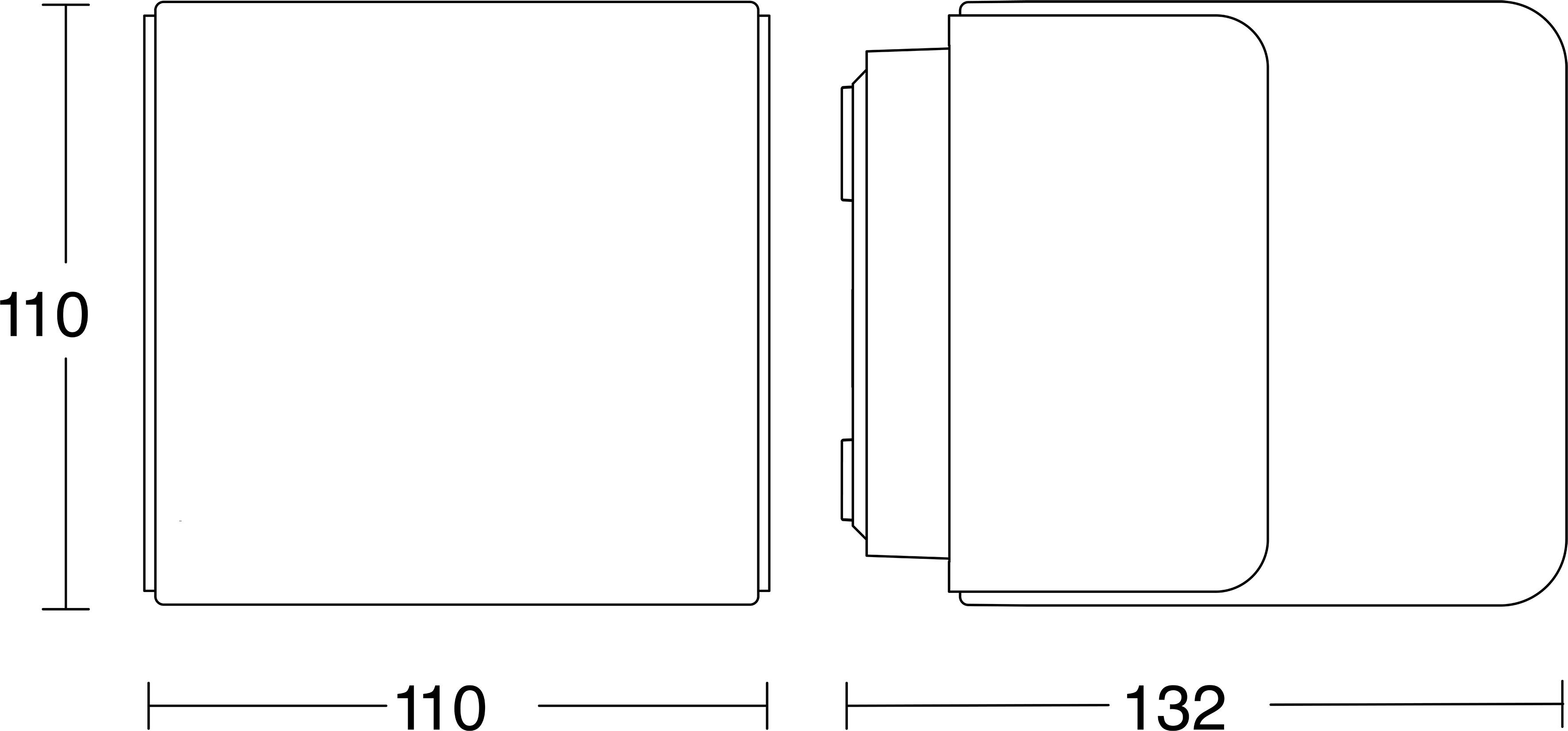 Technische Zeichnung eines quadratischen wandmontierten Geräts mit Vorder- und Seitenansichten, mit den Abmessungen 110 breit und 132 tief gekennzeichnet.