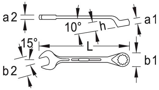Maßstabgerechne Schraubenschlüsselzeichnung mit Seiten- und Draufsicht mit beschrifteten Abmessungen a1, a2, b1, b2, h, L und Winkeln 10° und 15°.