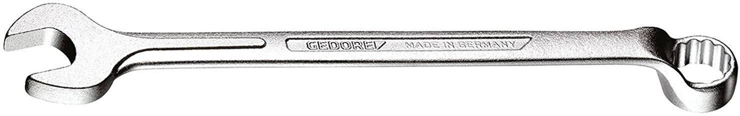 Ein silberner Schraubenschlüssel mit einer offenen und einer Ringschlüsselöffnung, graviert mit der Beschriftung 'GEDORE, Made in Germany'.