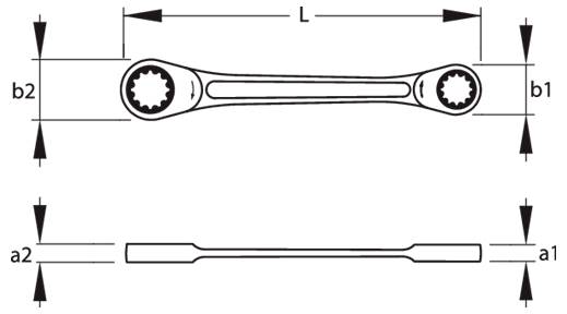 Diagramm eines Schraubenschlüssels mit Gesamtlänge L und Enddimensionen b1, b2, a1 und a2 mit Pfeilen, die Messpunkte anzeigen.