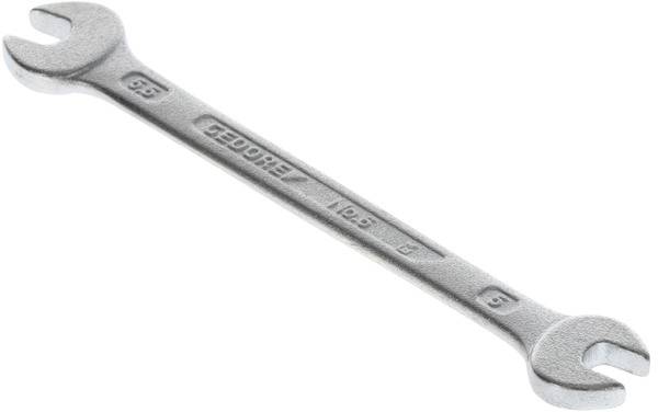 Ein silberner Doppelmaulschlüssel aus Metall, mit Enden für Größen 6 und 5 mm.